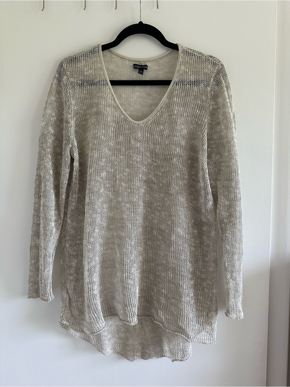 Eileen Fisher Light Beige (Taupe) Open-Weave V-Neck Sweater